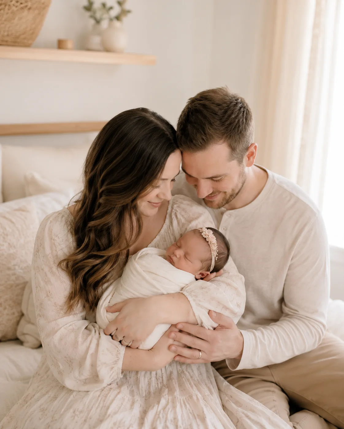 Parents and their newborn baby together during an in-home family photography session in Raleigh