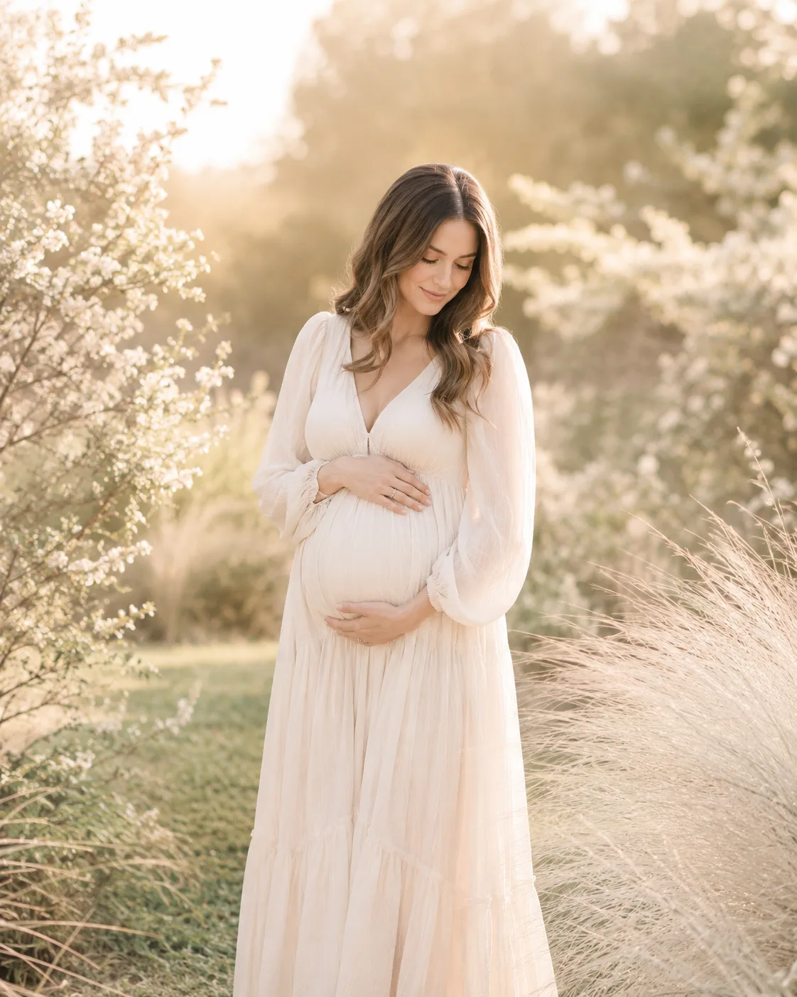Pregnant woman in a flowing gown during an outdoor maternity photography session in Raleigh, NC