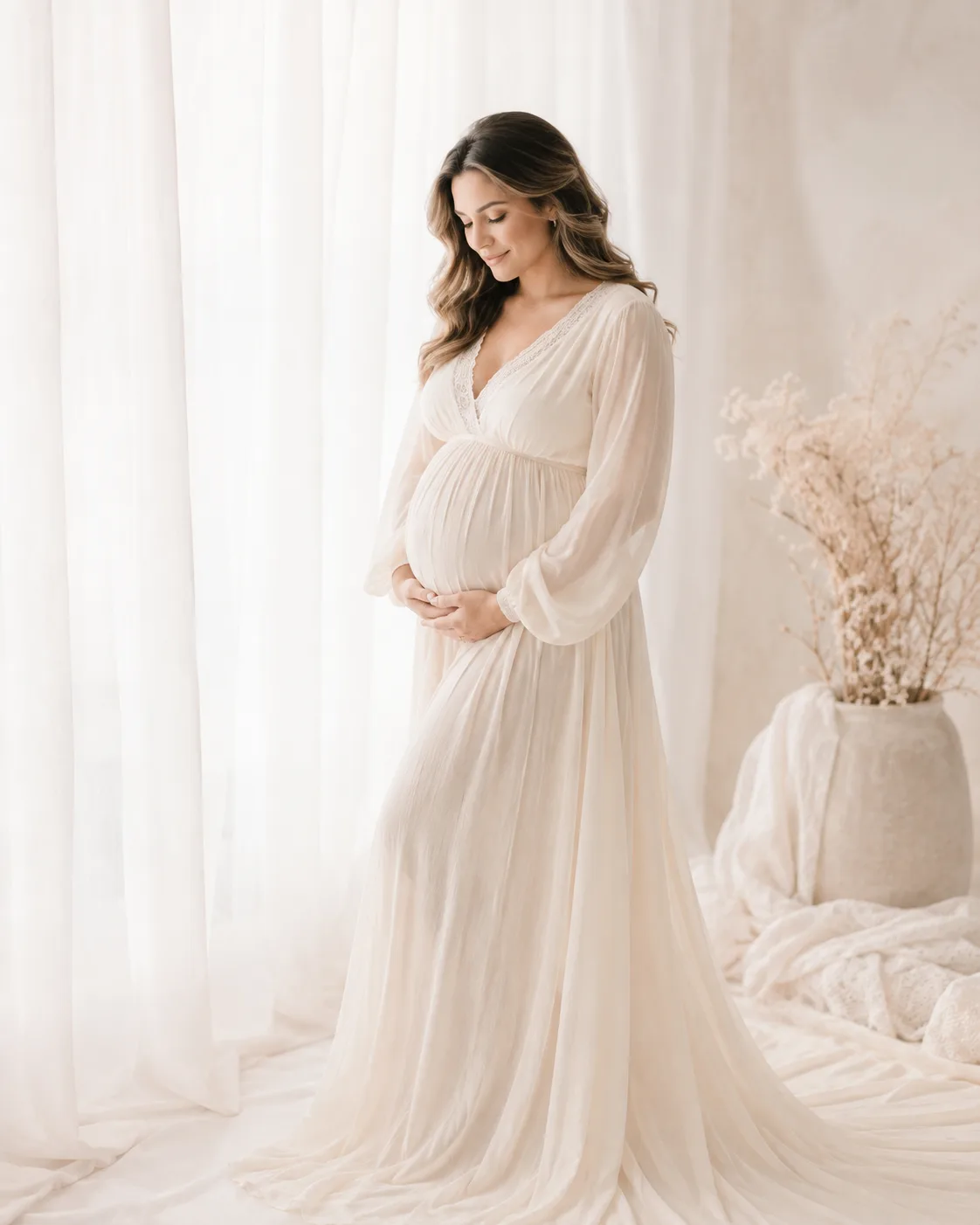 Pregnant woman posed in a studio during a Raleigh maternity photography session