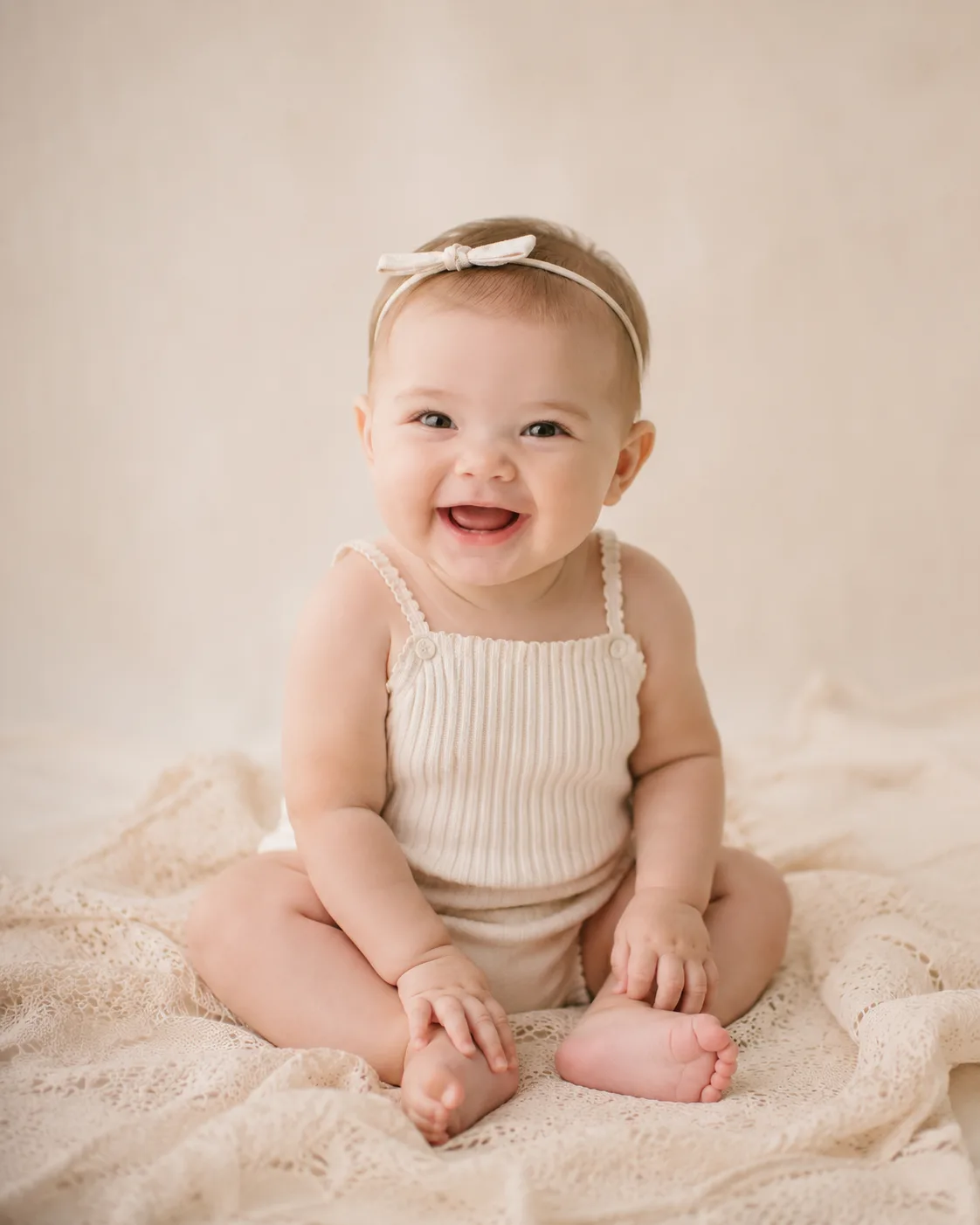 Six-month-old baby smiling during a sitting-up milestone session in Raleigh, NC