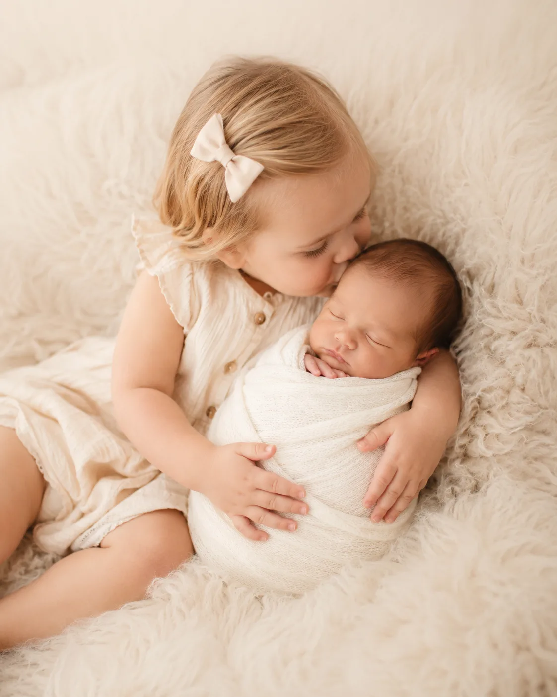 Toddler sibling gently holding a newborn baby during a Raleigh family photography session